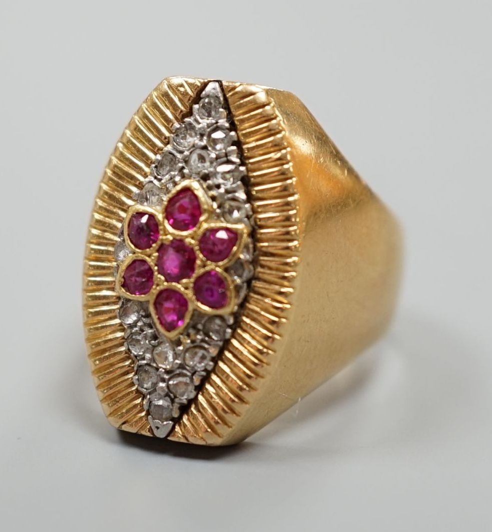 A French yellow metal (18ct poincon mark), ruby and rose cut diamond cluster set marquise shaped dress ring, size M, gross weight 11.3 grams.